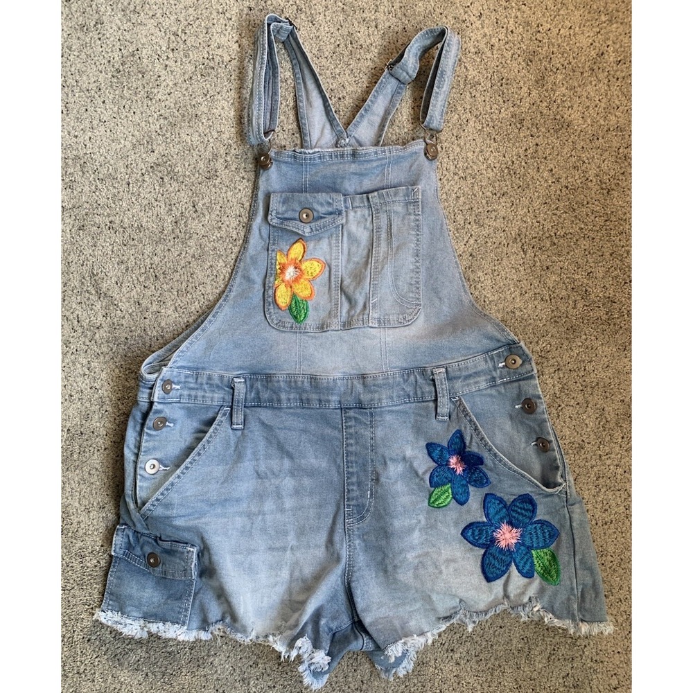 No Boundaries‎ Juniors XL (15-17) Embroidered Flowers Denim Bib Cut Off Shorts